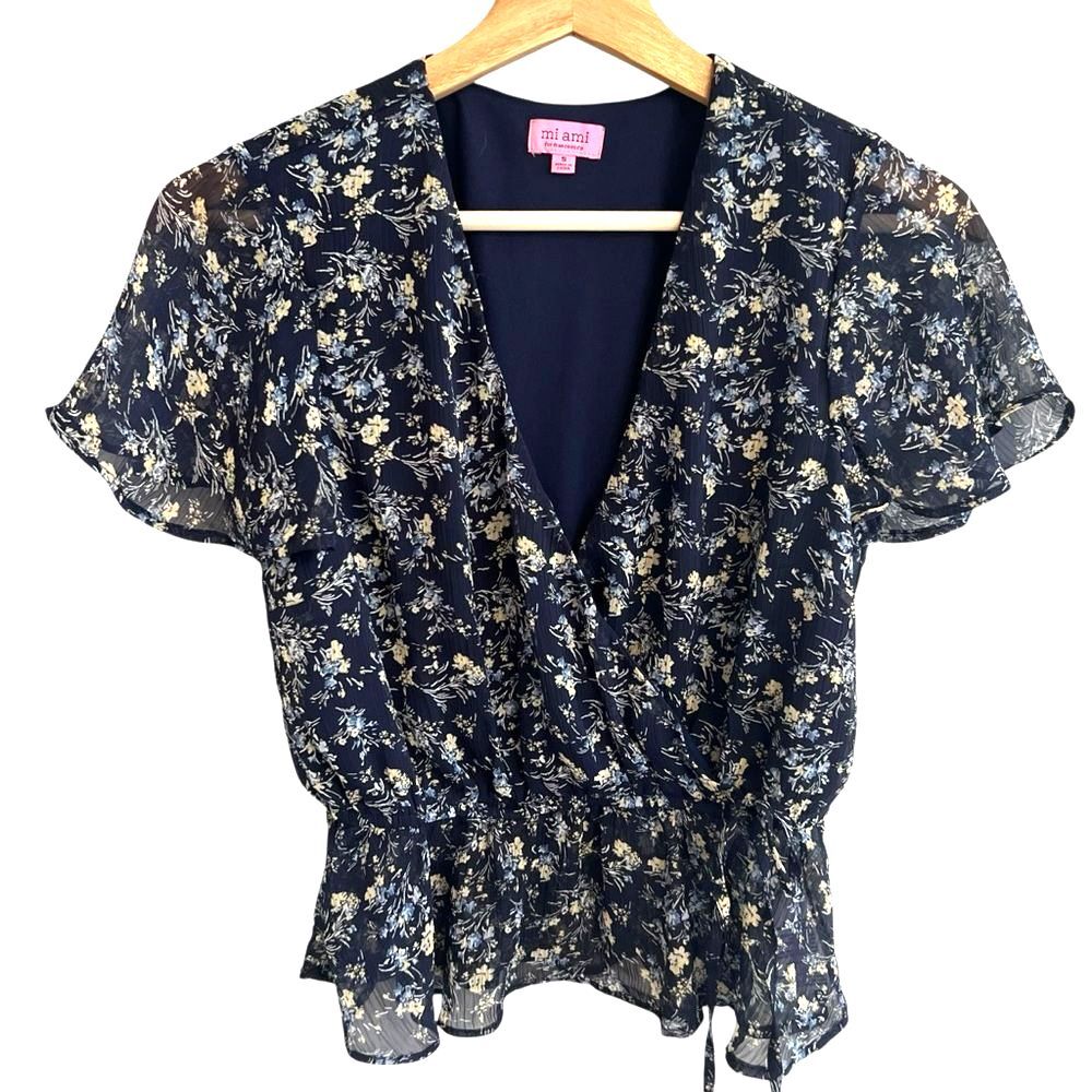 Womens Sheer Navy Floral Peasant Top Size S Flutter Sleeve Fairy Cottagecore